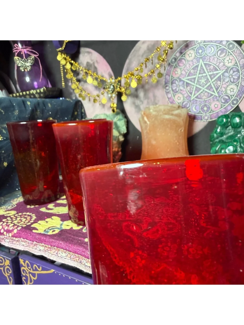 Set Of 4 Ruby Red Hand Blown Glass Bubble Glass Drinking Cups